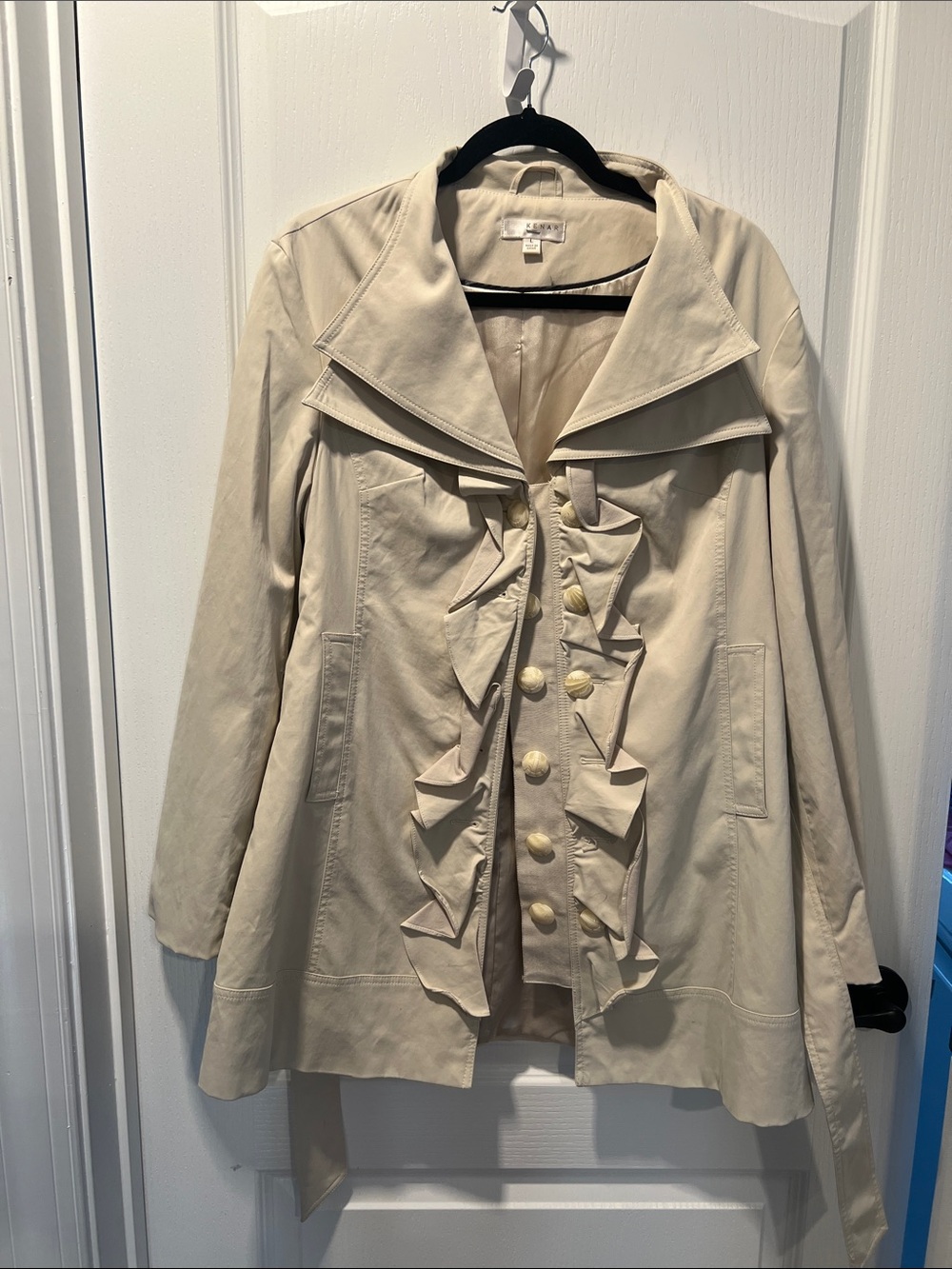 Kenar Cream Ruffle-Front Trench Coat